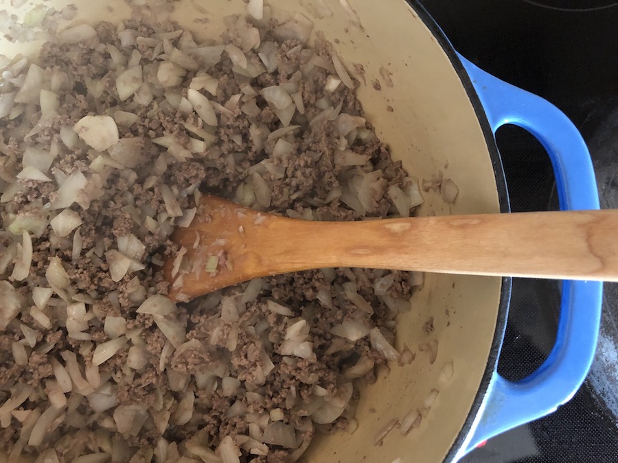 Browning grass-fed beef and onions for hamburger soup
